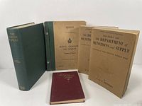 Front-facing group photo showing five military history books, including two volumes of 'History of the Department of Munitions and Supply' and a green large volume labeled 'The Simcoe Papers'.