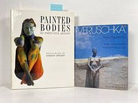 Front covers of the two books 'Painted Bodies' and 'Veruschka'. The 'Painted Bodies' book shows a painted figure sitting with arms wrapped around knees. 'Veruschka' cover shows a sculpture figure against blue sky.