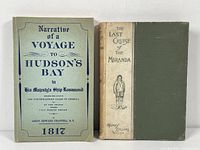 Two books placed side by side: The Last Cruise of The Miranda with green and beige hardcover; Narrative of a Voyage to Hudson's Bay with softcover and blue text.