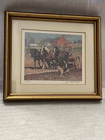 Full view of framed artwork showing rural scene with horses, wagon, and dog.