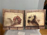Pair of picture artworks showing vintage pages and tied flowers on wood plank background.