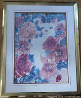 Front view of framed cat artwork showing full image with floral background and signature on bottom right.