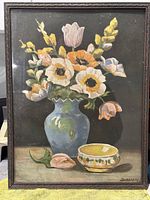Full view of Dumalsk framed print depicting floral still life in vase and bowl on surface.