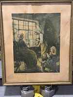 Full view of framed print showing aged condition of frame, mat, and the detailed domestic scene with three figures.