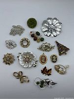 Full view of all 16 costume brooches arranged together on neutral background showing variety of styles, stones, and designs including floral, leaf, cameo, and Christmas tree motifs.