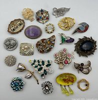 Top down photo of the 20 brooches showing various colors, metal tones, and styles including floral, geometric, and animal designs.