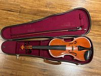 Open fitted case with violin and bow inside, showing red velvet lining