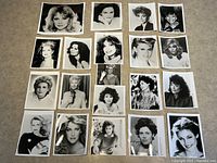 20 black and white headshot and upper body photos of female celebrities from 1981-1990s, laid out in a 5x4 grid