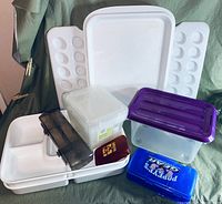 Photo of assorted plastic storage trays, containers, and organizer boxes of various sizes and colors including white trays, clear containers, purple and blue lids, and compartments.