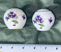 Top view of the two bone china shakers with purple flowers, showing size against a ruler.