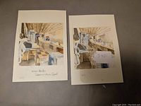 Two watercolor paintings side by side on a surface, showing diner interiors with counter and patrons.