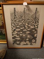 Full view of framed lithograph print showing underwater scene with trees, leaves, and fish.