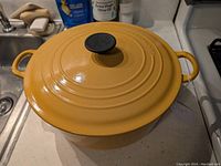 Closed pot on countertop showing yellow exterior and black knob