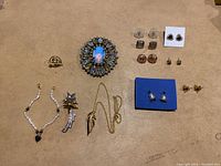 Entire lot displayed on tan surface, includes brooches, earrings, necklace, and bracelet.