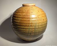 Front view of handmade clay pot showing round, ribbed ball shape with speckled glaze and brush details.