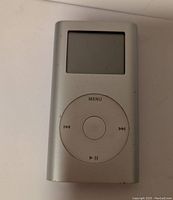Front view of silver Apple iPod showing screen and click wheel control.