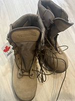 Front view of men's Terra boots showing suede/buckskin material, lace hooks, and Terra brand on tongue. Tags still attached.