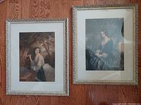 Pair of framed George Baxter lithographs on floor showing full frames and print details.