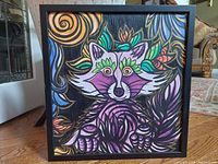 Frontal view of the colorful abstract fox oil painting on wood canvas in black frame, showing detailed brush strokes and color contrasts.