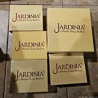 Five cream-colored Jardinia brand boxes from Martin Perry Studios arranged on floor.