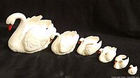 Six white ceramic swan planters in graduated sizes displayed on dark fabric background.
