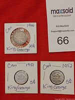 Three coins shown: one 1944 25 cent quarter and two 5 cent coins from 1951 and 1952, each in protective holders with handwritten year and denomination.