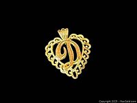 Front of 10K yellow gold initial charm letter D showing heart shape with scalloped border and script letter D.