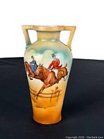 Full view of antique Austria porcelain vase with hunting scene and double handles