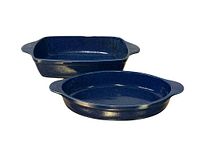 Two blue speckled enamelware stoneware baking dishes, one rectangular and one oval, shown together.