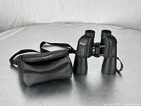 Bushnell Perma Focus binoculars and black leather case side by side on a silver surface.