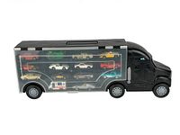 Side view of black Hot Wheels car hauler with clear door showcasing toy cars inside compartments.