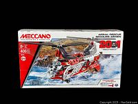 Box front showing the Meccano Aerial Rescue Set featuring 406 parts and 20 in 1 model options with helicopter image