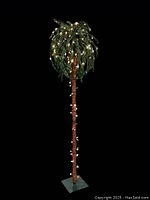 Full view of the 6-foot pre-lit indoor/outdoor palm tree with lights on against a black background showing the full trunk and fronds with lights.
