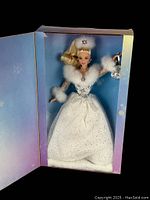 Front view of Barbie doll inside open box showing full body and dress details.