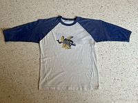 Full front view of a vintage raglan shirt with blue sleeves and collar, white body, featuring a hand drawn Heckle & Jeckle cartoon in the center, showing light staining and wear.