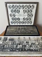 Photo showing three framed vintage class photographs from University of Toronto from 1945, 1946 and 1951.