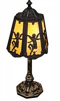 Full view of antique boudoir slag glass table lamp with cherubs on glass panels and solid brass body.