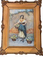 Full view of the antique framed watercolour painting depicting a young woman with flower baskets, showing the frame and entire artwork.