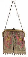 Front view of the gold-tone metal framed painted mesh bag with pink and yellow design and chain handle.