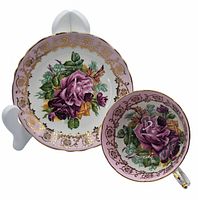 Top view of saucer with teacup placed inside showing overall pattern and color