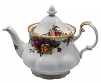 Front and side view of the Royal Albert Old Country Roses porcelain teapot showcasing floral design and gold trim.