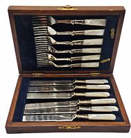 Open wooden box showing 6 forks and 6 knives laid in fitted velvet compartments, silver plating with mother of pearl handles