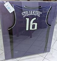 Front view of framed purple Sacramento Kings #16 jersey in glass shadow box