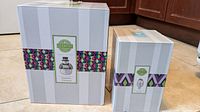 Two unopened and new Scentsy product boxes against a kitchen backdrop on the floor: larger Kickoff To Christmas 2021 box and smaller Lumina Pumpkin Mini Warmer box.