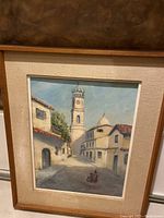 Frontal photo of the authentic Spanish scene painting, showing the overall artwork with matting and solid wood frame.