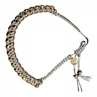 Full view of gray macramé bracelet showing the woven pattern and gold-tone beads.
