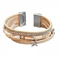 Close-up image of the multilayer bracelet showing beige and gold tones, rhinestone strip, braided leather, bone-like beads, starfish charm, and magnetic clasp.