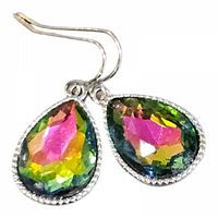 Close-up image of the pair of multicolor teardrop earrings showing vibrant green, pink, and yellow faceted stones in silver-tone metal frame with hook design.