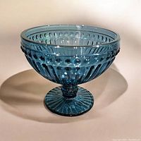 Side perspective showing the fluted ribbed pattern, bubble motif around the bowl, and ribbed circular base of blue glass pedestal bowl.