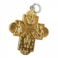 Front side of the vintage gold-tone cross pendant showing three embossed religious figures and a stylized 'M' mark with 'Japan' inscription.